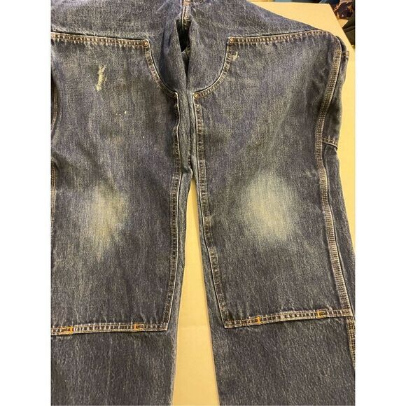 Distressed Carhartt Double knee Blue Denim Pants  Relaxed Fit Rugged Flex Utilit - Picture 13 of 16